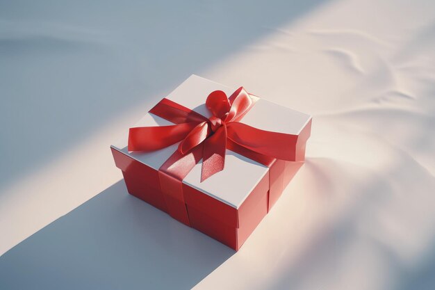 Top view of gift box White wrapped box with red ribbon Generate ai