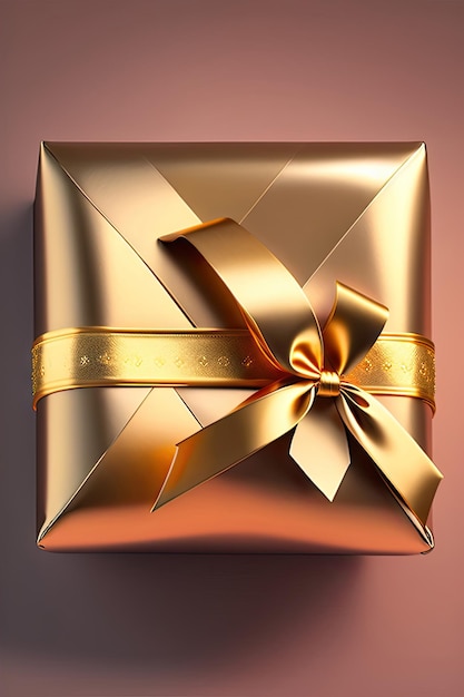 Top view of gift box wrap and ribbon with gold foil shiny wrappi