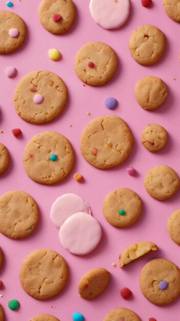 Top view of ginger glazed cookies and colorful points isolated on pink