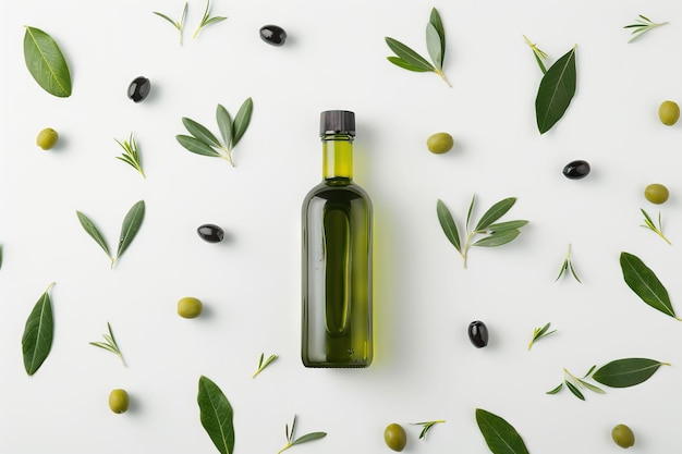 Top view of glass bottle with olive oil and olives isolated on white