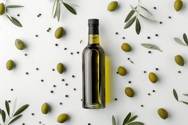 Top view of glass bottle with olive oil and olives isolated on white