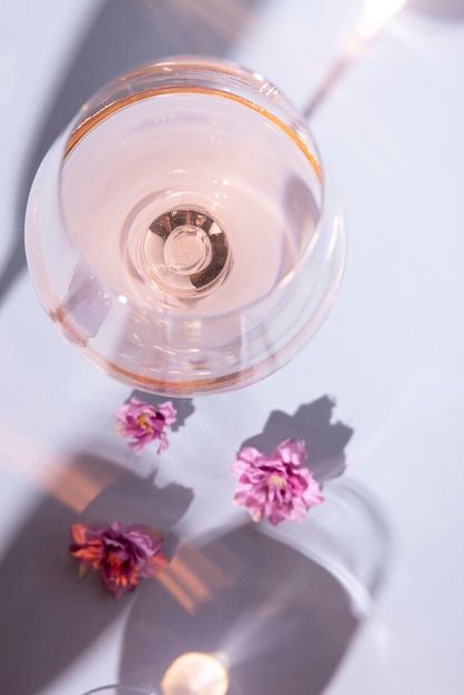 top view glass and flowers arrangement