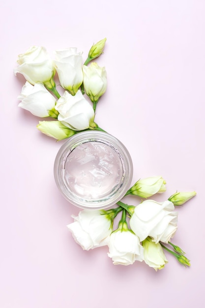 Top view of glass jar with transparent cosmetic gel for the\
face and body skin care product packaging presentatiob woth flowers\
composition on pink background