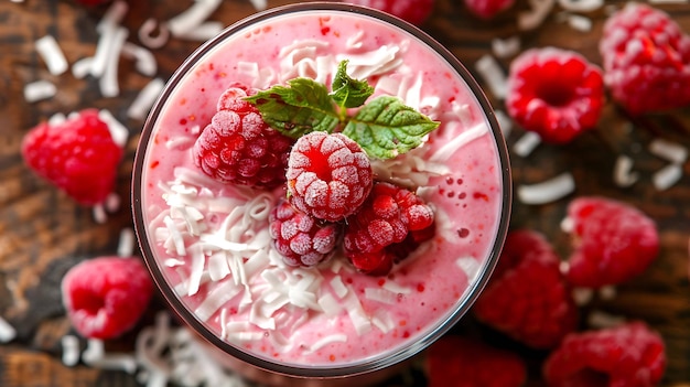 Photo top view of a glass of raspberry smoothie with fresh raspberries and coconut flakes on a wooden table