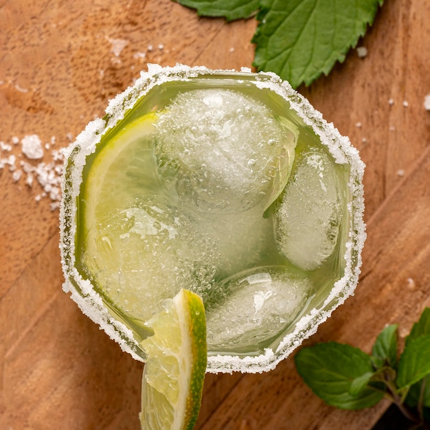 Top view glass with lime and ice