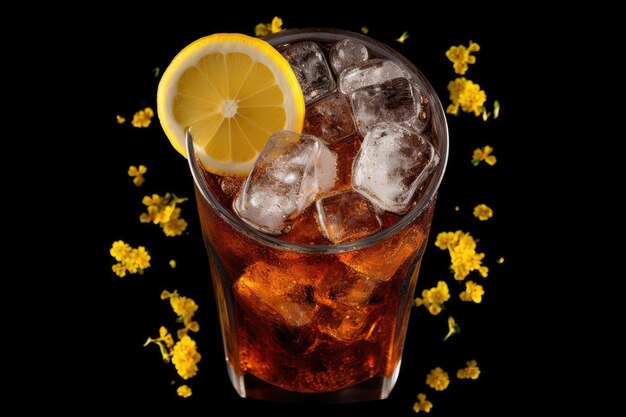 Photo top view of a glass with soda ice and lemon on a white background