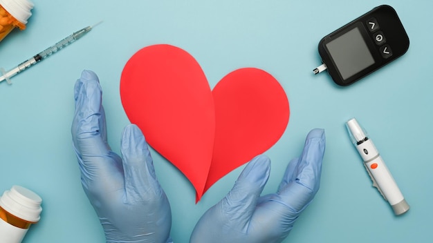 Top view of a glucose meter on blue background World diabetes day Medicine diabetes and health care concept