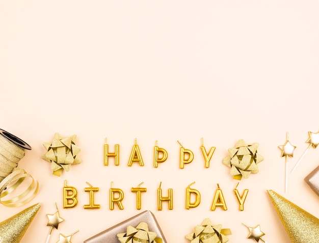 Top view golden birthday decorations frame