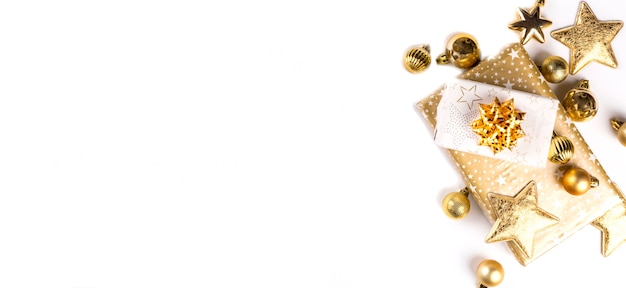 Top view of golden Christmas ornaments