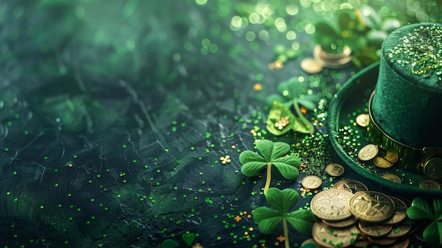 Top view of golden coins green clovers and a leprechaun hat on a textured green background St Patrick Day
