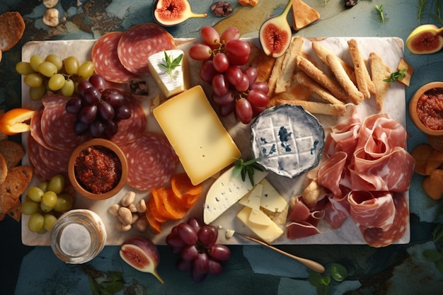 Top view Gourmet charcuterie and cheese board AI Generated