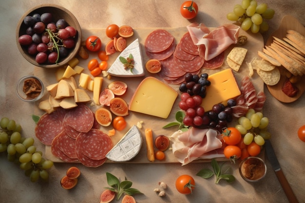 Top view Gourmet charcuterie and cheese board AI Generated