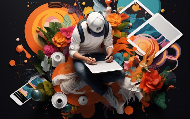 Photo top view graphic designer with a tablet
