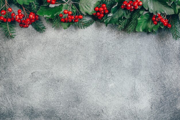 top view on gray background with branches of a Christmas tree