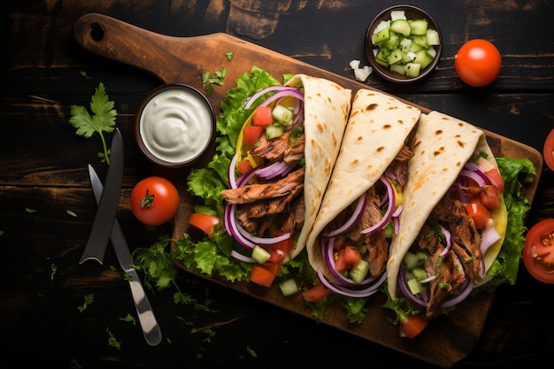 Top view Greek gyros wrapped in pita surrounded by veggies and sauce