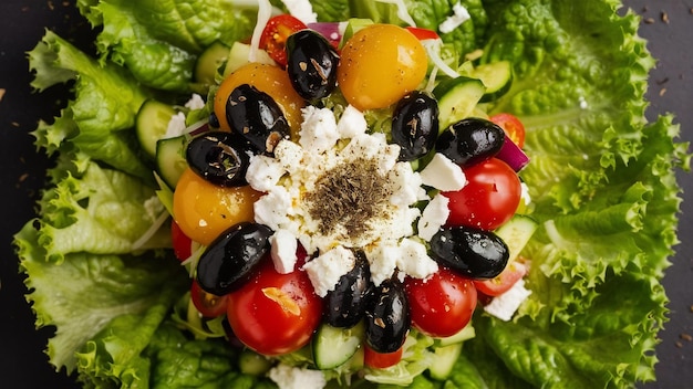 Top view greek salad on lettuce with black olives