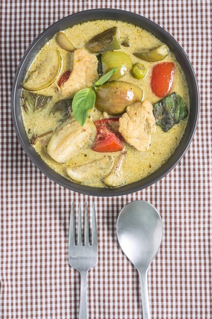 Top View of Green Curry with Chicken Thai Recipe.