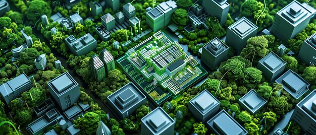 건물과 도로, 기술적 배경과 함께 녹색 전자 환경 친화적인 도시 모델의 상단 뷰
