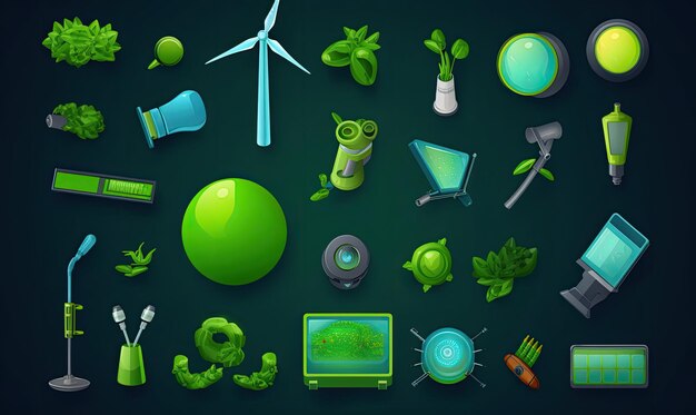 Photo top view of green energy icons set for ecology concept creating using generative ai tools