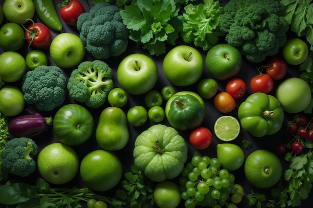 Top view green fruits and vegetables