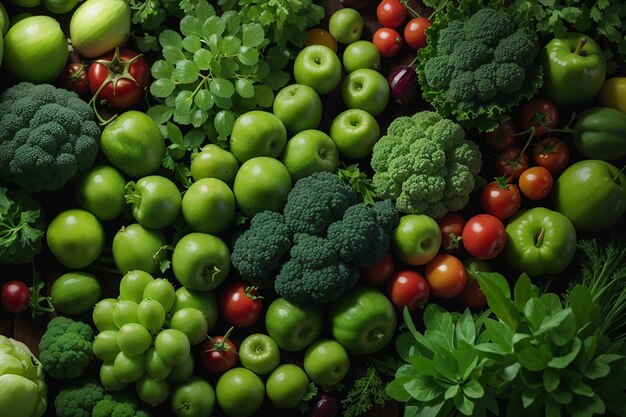 Top view green fruits and vegetables