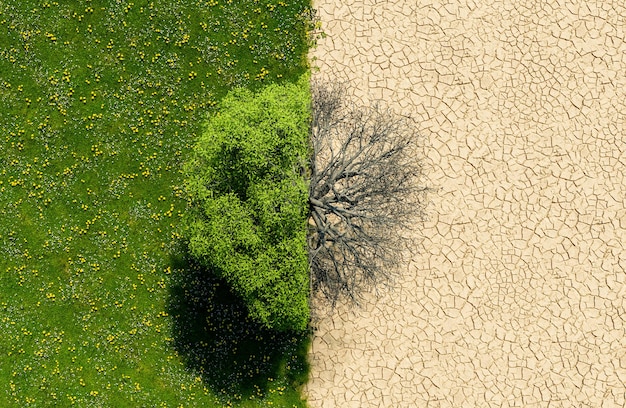 top view of a green landscape with half in drought