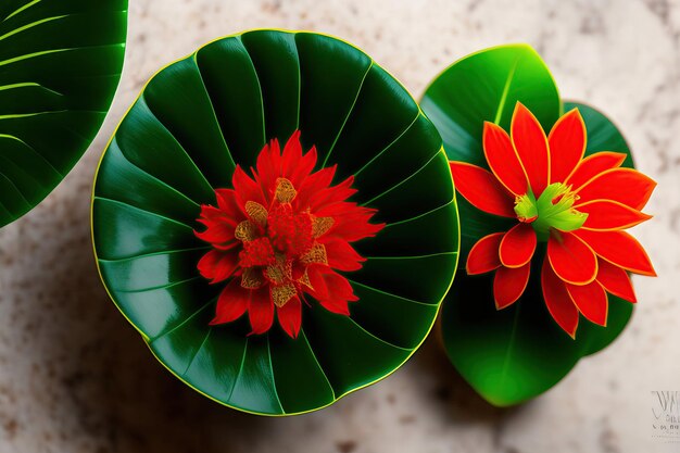 Photo top view of green leaves with red flower bloom of red ginger alpinia purpurata tropical forest pl