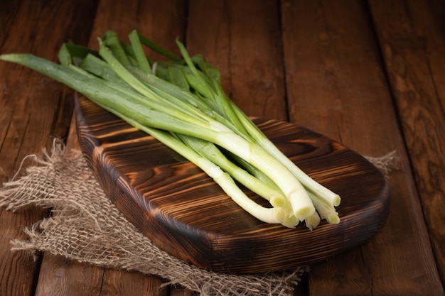 top view green onion on table