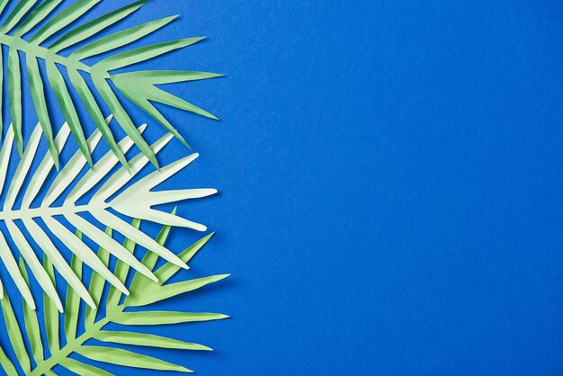 Top view of green paper cut leaves on blue background with copy space