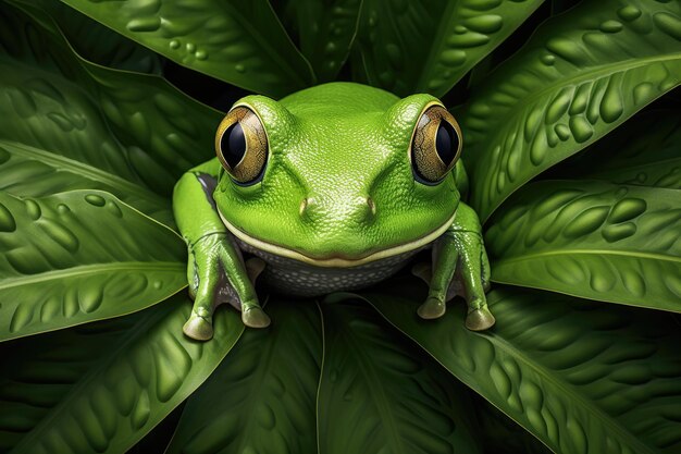 top view of green tree frog on leaf ai generated