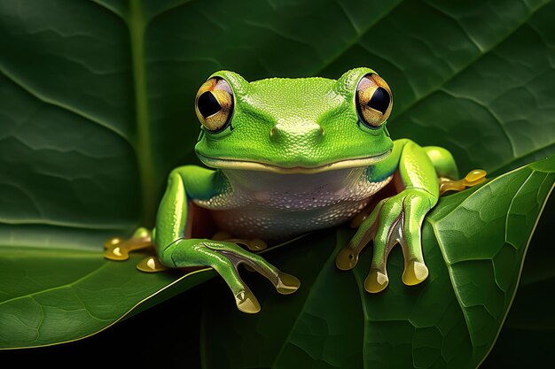 top view of green tree frog on leaf ai generated