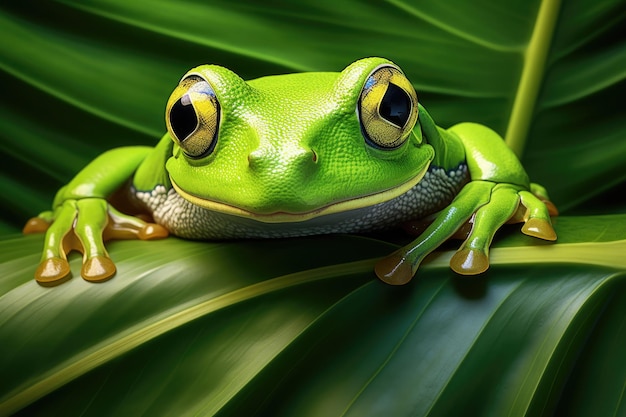 top view of green tree frog on leaf ai generated