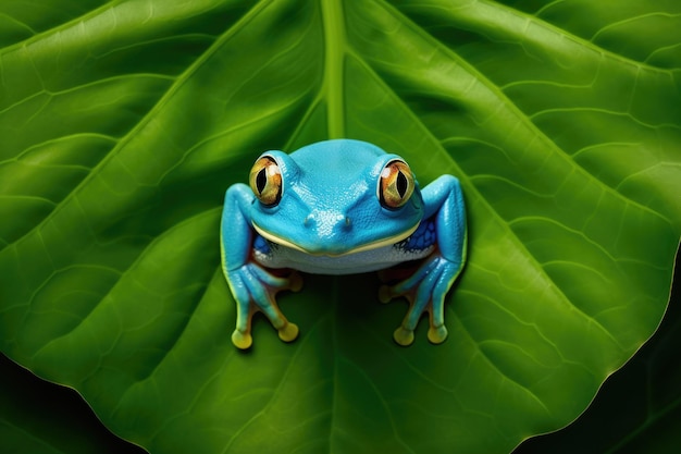 top view of green tree frog on leaf ai generated