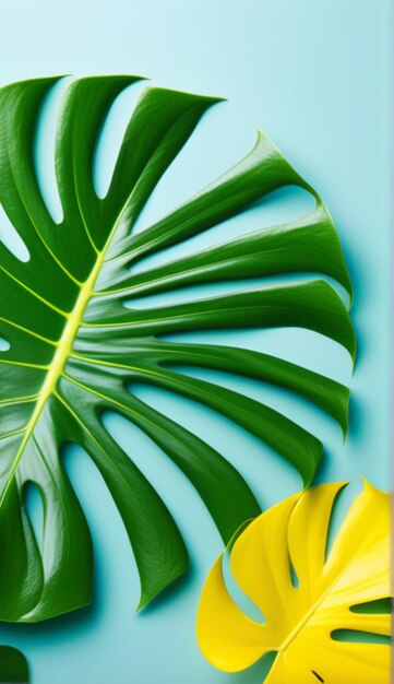 Top view of green tropical leave Monstera on blue and yellow background Flat lay Summer concept wi