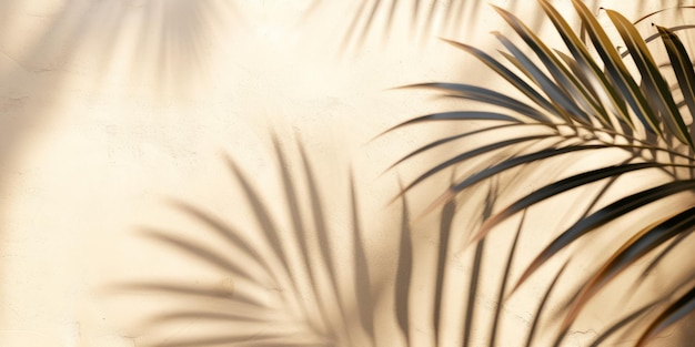 Top view of green tropical palm tree and shadow on wall background