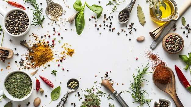 top view of greens herbs and spices on white background with copy space AI Generative