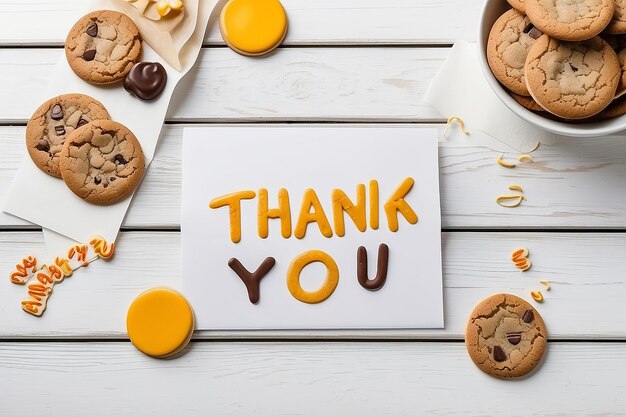 Top view of greeting card with word thank you and cookies on white wooden table