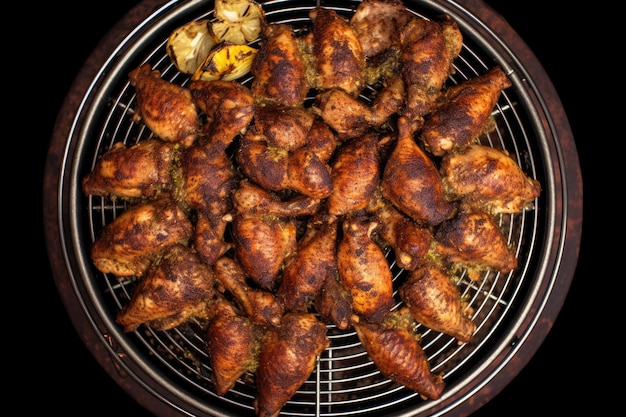 Top view of grill filled with seasoned wings created with generative ai