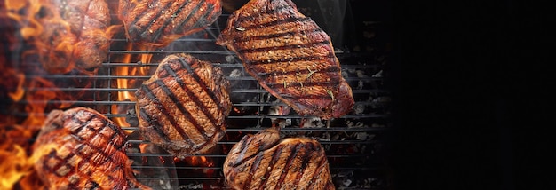 Top view of the grill juicy steaks are fried on the grill