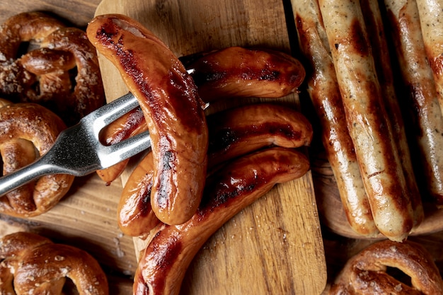 Top view grilled bavarian sausages