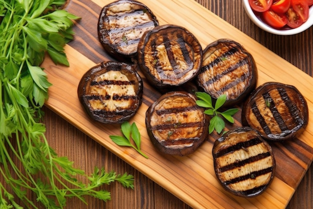 Top view of grilled portobello mushrooms on a bamboo board