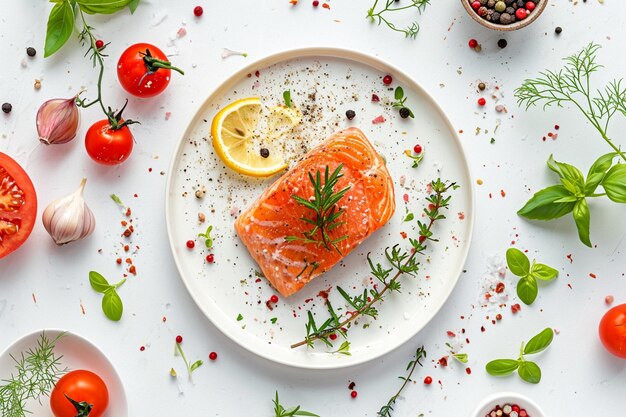 Top view of grilled salmon steak with vegetables lemon and spices on a white plate