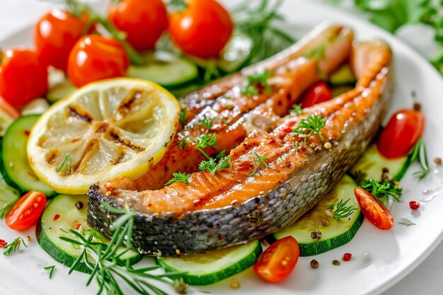 Top view of grilled salmon steak with vegetables lemon