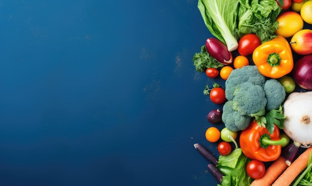 Top view groenten op diepblauwe achtergrond Kopieerruimte Kooking ingrediënt wortel tomaten komkommer peper broccoli ui Vegetarische biologische voedingsbanner gecreëerd met generatieve AI-tools