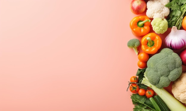 Top view groenten op roze achtergrond Kopieer ruimte Kooking ingrediënt wortel tomaten komkommer peper broccoli ui Vegetarische biologische voedingsbanner gecreëerd met generatieve AI-tools