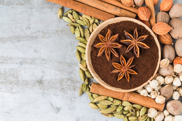 Top view of ground coffee with other species