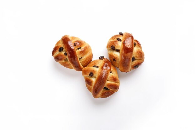 top view a group of buns with raisin toppings isolated on solid white background