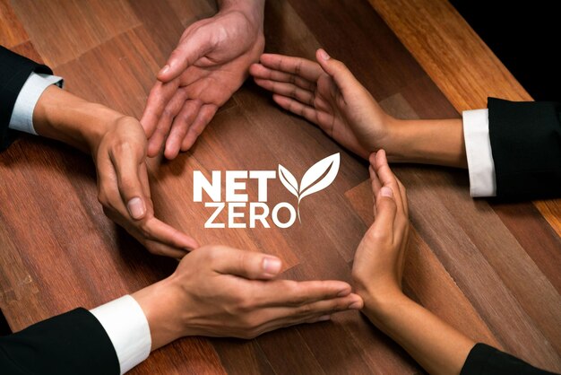 Top view group of business people forming circle hand around ecofriendly net zero icon on meeting table alternative clean technology technology investment for greener sustainable future quaint