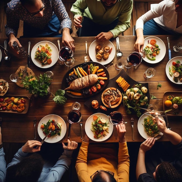 top view of group of people having dinner together while sitting at the rustic wooden table with