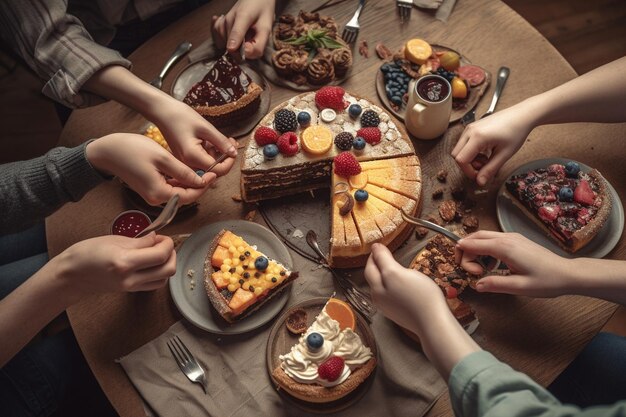 Верхний вид группы людей, устраивающих вечеринку с вкусными тортами и десертами